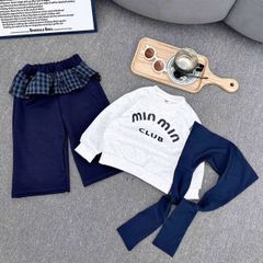 Set bộ nỉ chữ Min kèm khăn choàng phối bèo kẻ quần suông phong cách hàn quốc ấm áp mùa đông cho bé gái 8-28kg