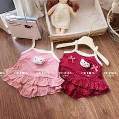 Set bộ hai dây hello kitty bèo đính nơ chấm bi xinh xắn dễ thương mát mẻ phong cách hàn quốc mùa hè cho bé gái