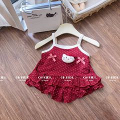 Set bộ hai dây hello kitty bèo đính nơ chấm bi xinh xắn dễ thương mát mẻ phong cách hàn quốc mùa hè cho bé gái