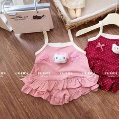 Set bộ hai dây hello kitty bèo đính nơ chấm bi xinh xắn dễ thương mát mẻ phong cách hàn quốc mùa hè cho bé gái