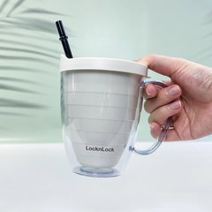 Ly Nhựa 2 Lớp LocknLock 360ml HAP525IVY Kèm Ống Hút Có Quai Cầm - Hàng Chính Hãng