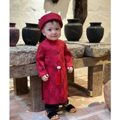 Set áo dài cách tân cho bé trai gấm lụa kèm mấn và khánh mặc đi chơi Tết 10-30kg