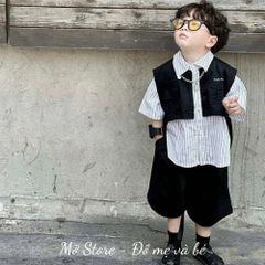 Set áo sơ mi kẻ kèm quần và gile kaki khoác ngoài cá tính boy phố cho bé trai xuân hè kèm ảnh thật cận chất