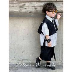 Set áo sơ mi kẻ kèm quần và gile kaki khoác ngoài cá tính boy phố cho bé trai xuân hè kèm ảnh thật cận chất