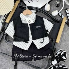 Set áo sơ mi kẻ kèm quần và gile kaki khoác ngoài cá tính boy phố cho bé trai xuân hè kèm ảnh thật cận chất