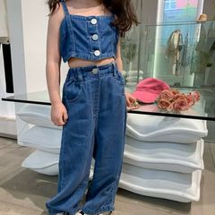 Hàng QC - Set áo yếm kèm quần suông jean cho bé gái mùa hè phong cách hàn quốc mặc đi chơi đi biển