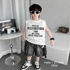 Set áo ba lỗ chữ kèm quần short jean túi hộp mùa hè cho bé trai mặc đi chơi đi học mát mẻ phong cách hàn quốc