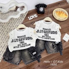 Set áo ba lỗ chữ kèm quần short jean túi hộp mùa hè cho bé trai mặc đi chơi đi học mát mẻ phong cách hàn quốc