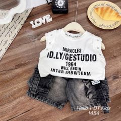 Set áo ba lỗ chữ kèm quần short jean túi hộp mùa hè cho bé trai mặc đi chơi đi học mát mẻ phong cách hàn quốc