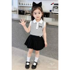 Set áo ba lỗ kẻ thêu nơ kèm chân váy xếp ly mặc đi chơi đi học mùa hè cho bé gái