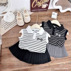 Set áo ba lỗ kẻ thêu nơ kèm chân váy xếp ly mặc đi chơi đi học mùa hè cho bé gái