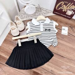 Set áo ba lỗ kẻ thêu nơ kèm chân váy xếp ly mặc đi chơi đi học mùa hè cho bé gái