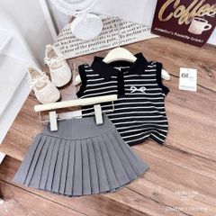 Set áo ba lỗ kẻ thêu nơ kèm chân váy xếp ly mặc đi chơi đi học mùa hè cho bé gái