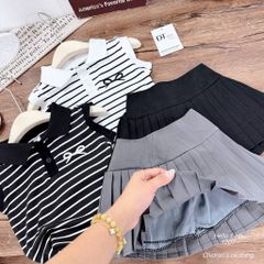 Set áo ba lỗ kẻ thêu nơ kèm chân váy xếp ly mặc đi chơi đi học mùa hè cho bé gái