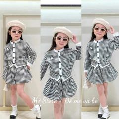 Set hoa trà kẻ xinh xắn điệu đà dễ thương thu đông cho bé gái