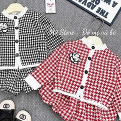 Set hoa trà kẻ xinh xắn điệu đà dễ thương thu đông cho bé gái