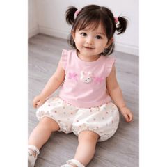 Set áo thun cánh tiên thỏ con nơ xinh xắn kèm quần bí bồng chấm bi điệu đà phong cách hàn quốc mùa hè mát mẻ cho bé gái