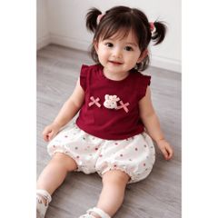 Set áo thun cánh tiên thỏ con nơ xinh xắn kèm quần bí bồng chấm bi điệu đà phong cách hàn quốc mùa hè mát mẻ cho bé gái
