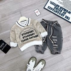 Áo nỉ polo chữ kèm quần baggy jean rách phong cách hàn quốc thu đông cho bé trai