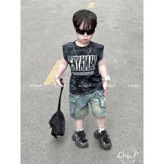 Set áo ba lỗ loang chữ kèm quần short jean túi hộp hottrend cho bé trai boy phố mùa hè