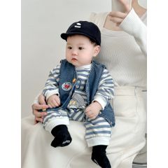 Hàng QC Set bodysuit kẻ mèo xinh đáng yêu cute kèm áo gile jean bò và mũ len cho bé trai phong cách hàn quốc thu đông