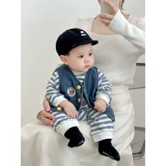 Hàng QC Set bodysuit kẻ mèo xinh đáng yêu cute kèm áo gile jean bò và mũ len cho bé trai phong cách hàn quốc thu đông