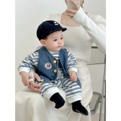 Hàng QC Set bodysuit kẻ mèo xinh đáng yêu cute kèm áo gile jean bò và mũ len cho bé trai phong cách hàn quốc thu đông