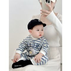 Hàng QC Set bodysuit kẻ mèo xinh đáng yêu cute kèm áo gile jean bò và mũ len cho bé trai phong cách hàn quốc thu đông