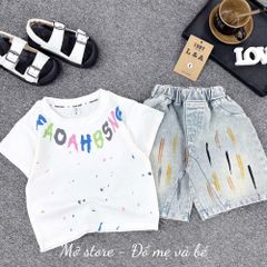 Set bộ bé trai áo thun chữ mix quần short jean bò hottrend mùa hè cận chất 10-30kg