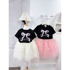 Set áo cotton kèm chân váy voan công chúa bồng xòe dáng dài xinh xắn điệu đà cho bé gái 10-30kg
