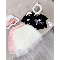 Set áo cotton kèm chân váy voan công chúa bồng xòe dáng dài xinh xắn điệu đà cho bé gái 10-30kg