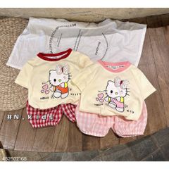 Set bộ thun cotton hello kitty xinh xắn đáng yêu quần đũi kẻ phong cách hàn quốc mát mẻ mùa hè cho bé gái 7-14kg
