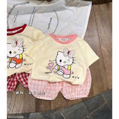 Set bộ thun cotton hello kitty xinh xắn đáng yêu quần đũi kẻ phong cách hàn quốc mát mẻ mùa hè cho bé gái 7-14kg