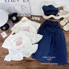Set áo thun cotton bèo xinh xắn dễ thương kèm quần jean suông cho bé gái phong cách hàn quốc mùa hè hot hit mát mẻ