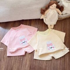 Hàng QC - Bộ thun cotton kẻ thêu thỏ con cute đán yêu xinh xắn dễ thương mùa hè phong cách hàn quốc cho bé gái
