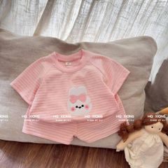Hàng QC - Bộ thun cotton kẻ thêu thỏ con cute đán yêu xinh xắn dễ thương mùa hè phong cách hàn quốc cho bé gái