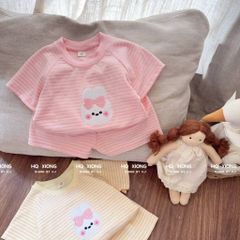 Hàng QC - Bộ thun cotton kẻ thêu thỏ con cute đán yêu xinh xắn dễ thương mùa hè phong cách hàn quốc cho bé gái