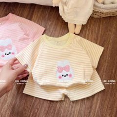 Hàng QC - Bộ thun cotton kẻ thêu thỏ con cute đán yêu xinh xắn dễ thương mùa hè phong cách hàn quốc cho bé gái