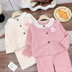 Set bộ thỏ con lông cừu phối ren cổ xinh xắn điệu đà ấm áp dày dặn mùa đông cho bé gái 10-30kg kèm ảnh thật