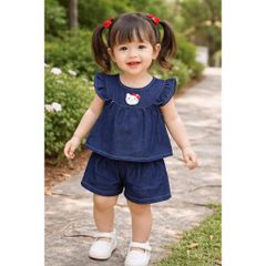 Set bộ jean bò hello kitty tay cánh tiên điệu đà mùa hè hot hit cho bé gái xinh xắn 10-30kg kèm ảnh thật
