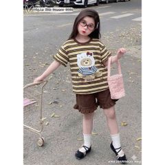 Hàng QC - Set bộ thun kẻ bé gái gấu cute đáng yêu mát mẻ mùa hè dễ thương xinh xắn thoáng khí