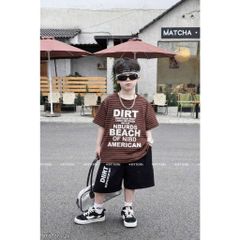 Hàng QC - Set áo thun kẻ chữ kèm quần short phong cách hàn quốc mùa hè mát mẻ thoáng khí cho bé trai  15-25kg
