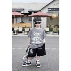 Hàng QC - Set áo thun kẻ chữ kèm quần short phong cách hàn quốc mùa hè mát mẻ thoáng khí cho bé trai  15-25kg
