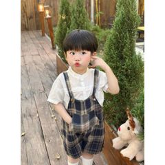 Set áo sơ mi kèm nơ và quần dạ kẻ phong cách hàn quốc vintage mặc đi chơi cho bé trai 6-15kg kèm ảnh cận chất