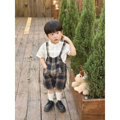 Set áo sơ mi kèm nơ và quần dạ kẻ phong cách hàn quốc vintage mặc đi chơi cho bé trai 6-15kg kèm ảnh cận chất