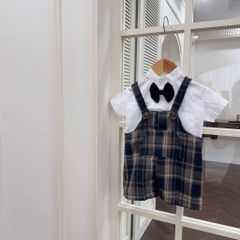 Set áo sơ mi kèm nơ và quần dạ kẻ phong cách hàn quốc vintage mặc đi chơi cho bé trai 6-15kg kèm ảnh cận chất