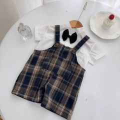 Set áo sơ mi kèm nơ và quần dạ kẻ phong cách hàn quốc vintage mặc đi chơi cho bé trai 6-15kg kèm ảnh cận chất