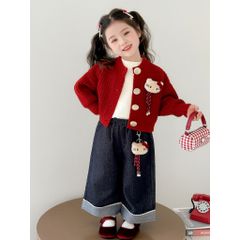 Hàng QC - Set áo len cardigan hello kitty cài cúc ấm áp xinh xắn dày dặn kèm quần jean ống suông mùa đông vintage cho bé