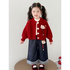 Hàng QC - Set áo len cardigan hello kitty cài cúc ấm áp xinh xắn dày dặn kèm quần jean ống suông mùa đông vintage cho bé