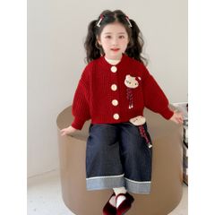 Hàng QC - Set áo len cardigan hello kitty cài cúc ấm áp xinh xắn dày dặn kèm quần jean ống suông mùa đông vintage cho bé